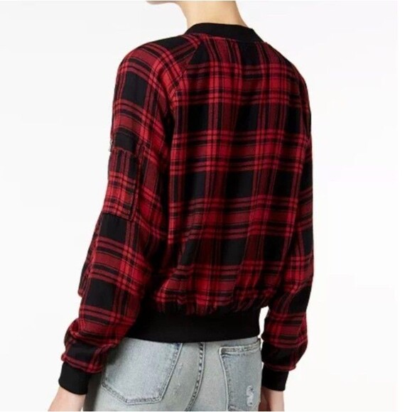 Sanctuary Dylan Plaid Bomber Jacket Utility Jacket Red Black Sz L - Picture 3 of 8